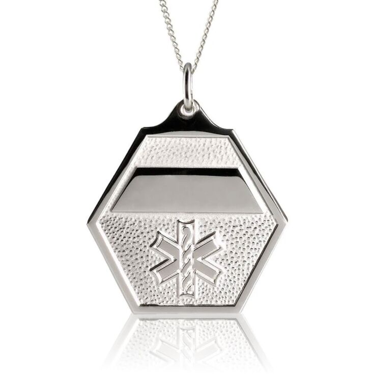 sterling silver, box chain, medical id necklace for men, women, classic design, hexagon pendant with embossed medical emblem