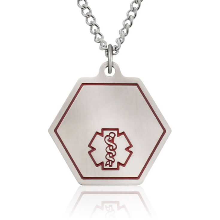 classic medical id necklace with hexagon pendant featuring red medical emblem, stainless steel curb neck chain
