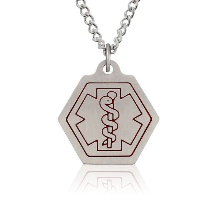 small stainless steel medical id necklace with classic style, hexagon pendant with red medical emblem design on standard or heavy curb neck chain