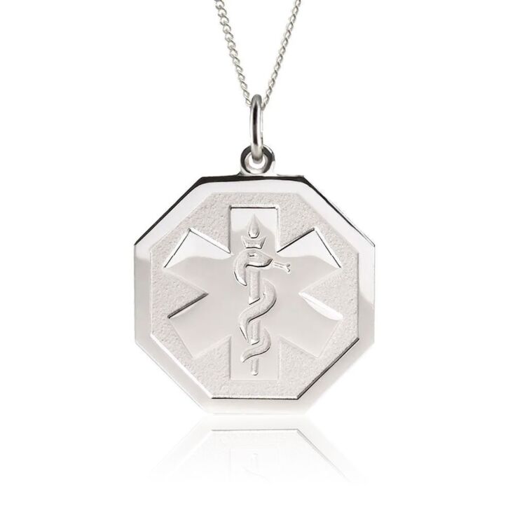 sterling silver embossed necklace with hexagon pendant, subtle medical emblem design for teens and adults, comes with multiple chain options