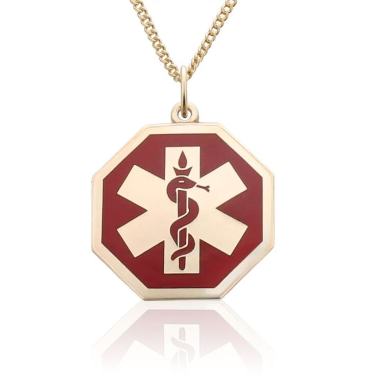 Unisex gold medical id necklace, gold octagon pendant with red medical emblem