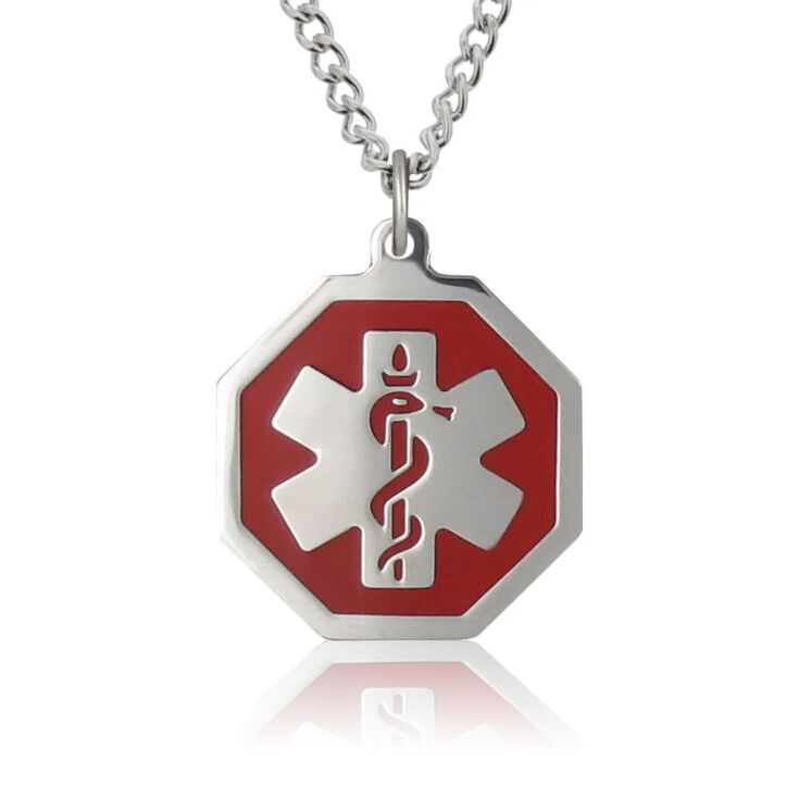 curb chain medical id necklace with hexagon medical emblem pendant in red, stainless steel design