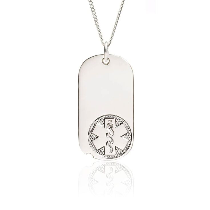 miniature military style medical id necklace, oval dog tag pendant embossed with classic medical emblem, sterling silver curb neck chain included
