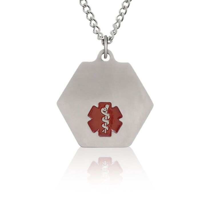 classic medical id necklace with hexagon pendant featuring red enamel medical emblem, stainless steel