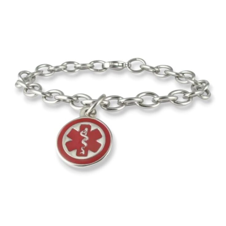 Mini Pendant Charm Bracelet with Stainless Steel Cable Chain and Claw Clasp, Round Medical Emblem Charm in highly visible red color