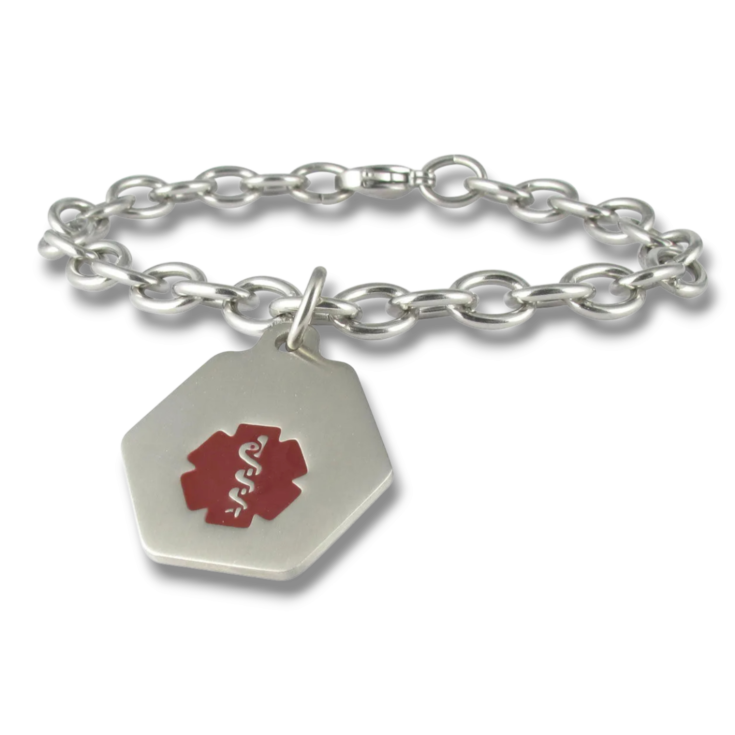 Small Hexagon Charm Bracelet with Red Medical Emblem Accent, Stainless Steel ID Tag on Durable Chain Style Bracelet