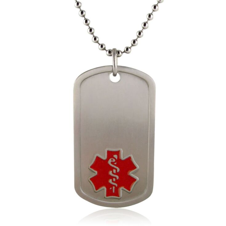 dog tag medical id with red medical symbol on titanium bead chain, hypoallergenic medical id jewelry, lightweight and durable