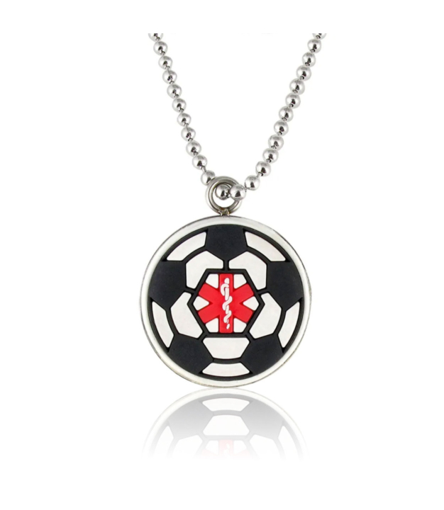 kids soccer ball medical id necklace, black and white pendant with soccer ball design and red medical emblem