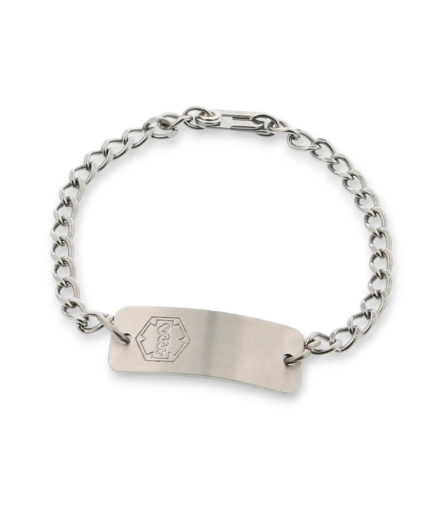 petite stainless steel medical id bracelet classic style, for kids and wearers with small sized writs, curb chain suitable for kids and toddlers