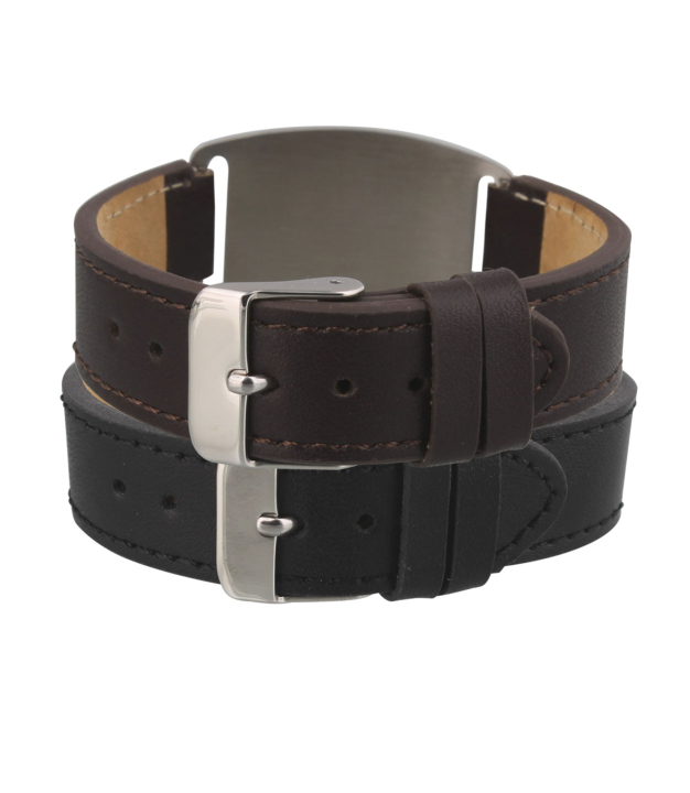 adjustable leather medical id bracelet in black and brown with stainless steel medical plate 