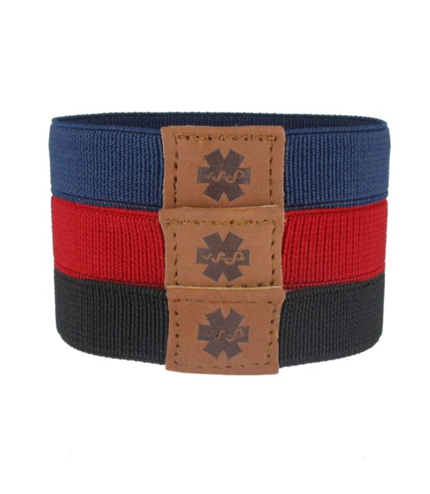 navy blue, red, and black, elastic nylon sportband medical id bracelet, 3 band pack, for teens, adults, fits all gender 