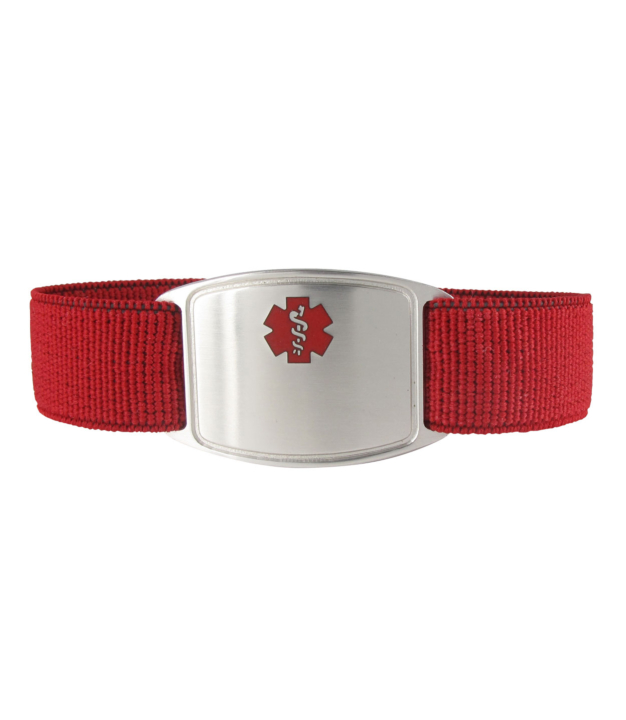 red sports style nylon medical id band, elastic band is comfortable and durable, sterling silver medical id plate with red medical emblem design