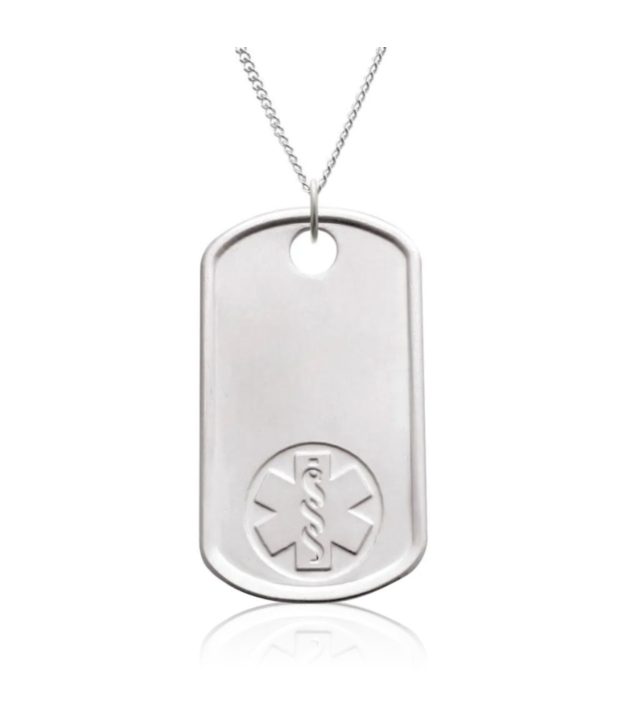 sterling silver dog tag medical id necklace with military styling, id tag embossed with medical emblem, subtle brushed metal finish, unisex design