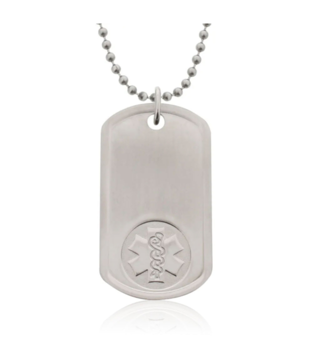 unisex embossed dog tag medical id necklace with bead neck chain, id tag with brushed metal finish, embossed medical emblem design