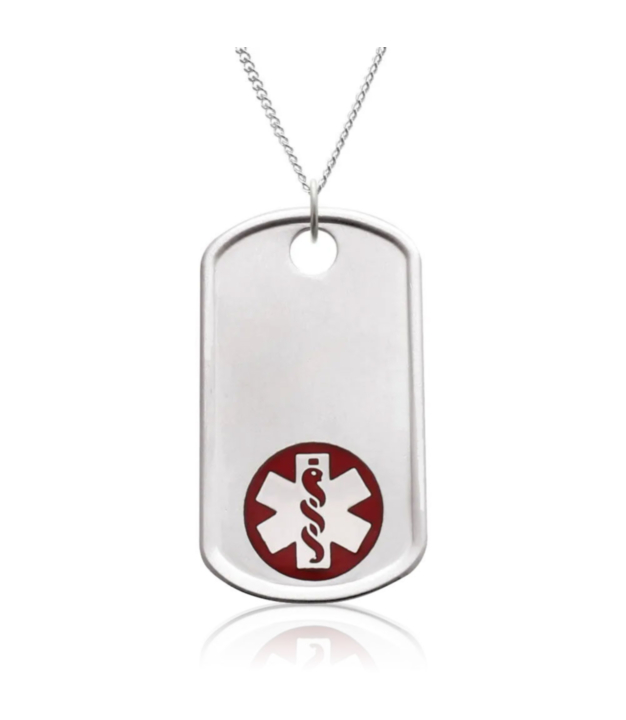 comfortable dog tag medical ID necklace, military-inspired pendant with red medical emblem, brushed metal finish