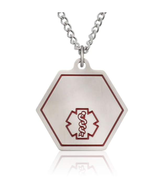 classic medical id necklace with hexagon pendant featuring red medical emblem, stainless steel curb neck chain