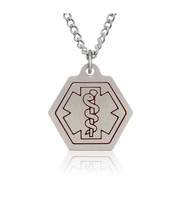 small stainless steel medical id necklace with classic style, hexagon pendant with red medical emblem design on standard or heavy curb neck chain