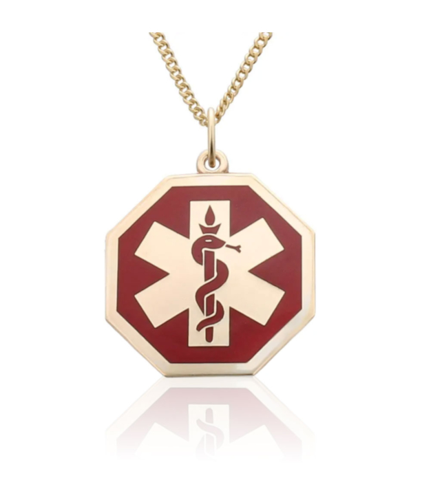 Unisex gold medical id necklace, gold octagon pendant with red medical emblem