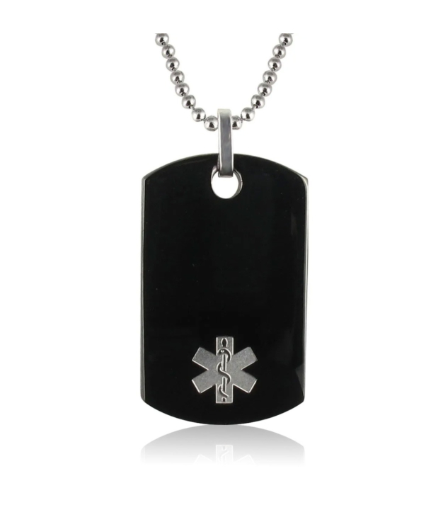 men's medical id necklace with stainless steel bead chain and polished onyx dog tag pendant