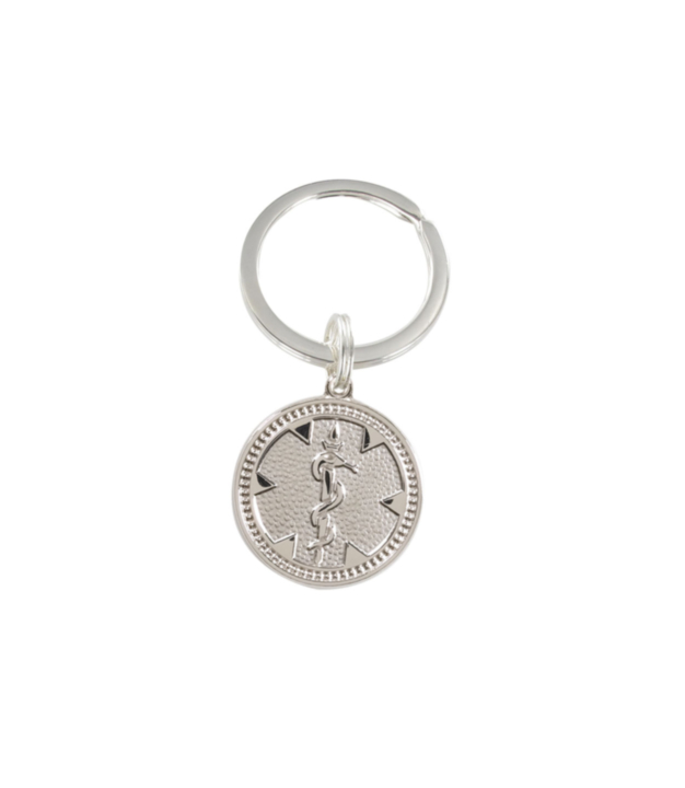 silver medallion medical id keychain, 3/4" diameter sterling silver round medallion with split key ring, unisex design with embossed medical emblem