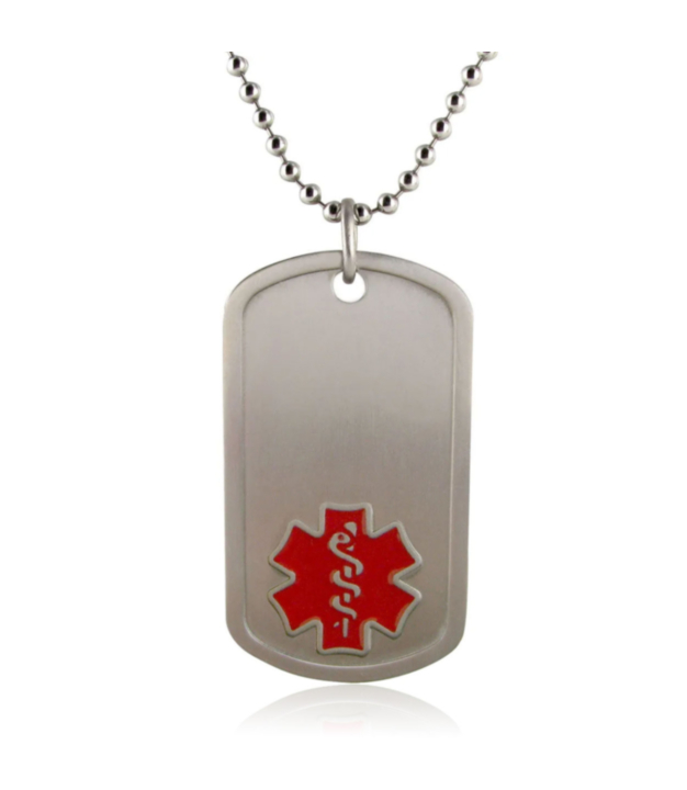 dog tag medical id with red medical symbol on titanium bead chain, hypoallergenic medical id jewelry, lightweight and durable