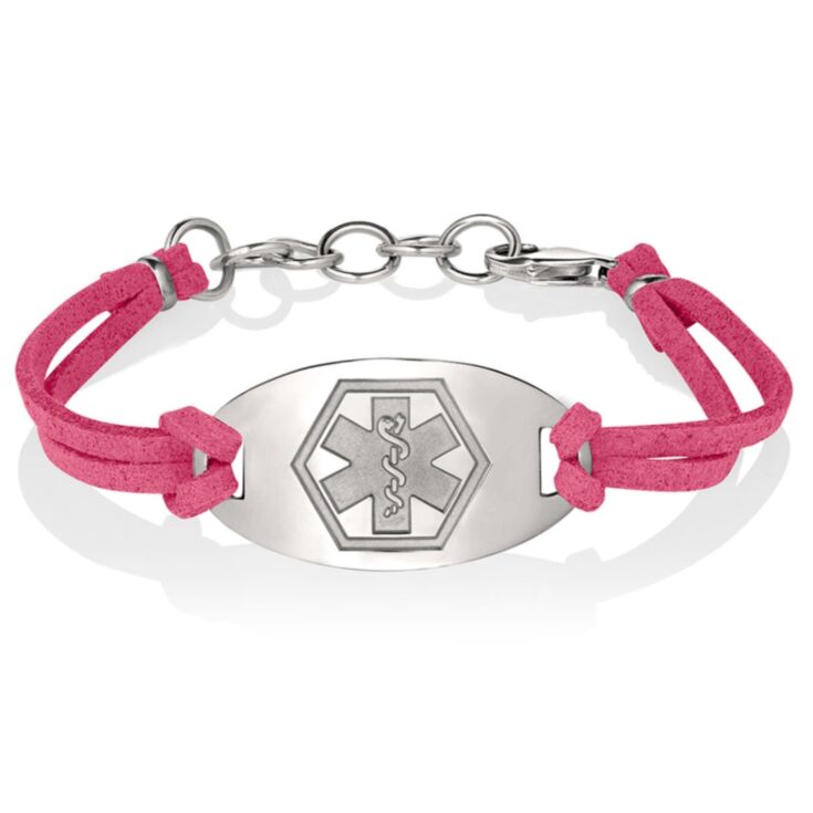 pink faux suede band medical id bracelet with sterling silver or stainless steel engraved medical id plate for teens, adults