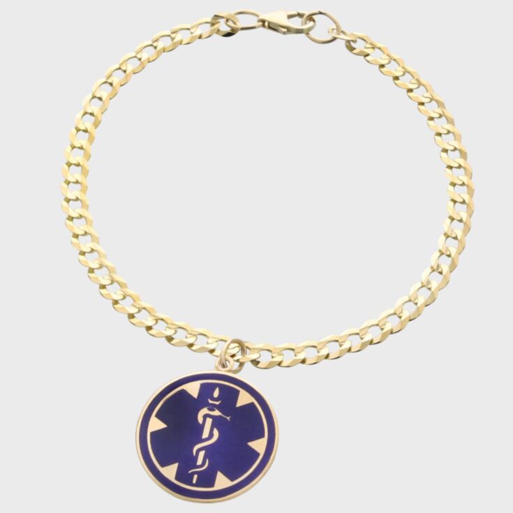 petite medical id bracelet in sterling silver, slightly curved medical id plate for comfortable fit, curb chain with claw clasp