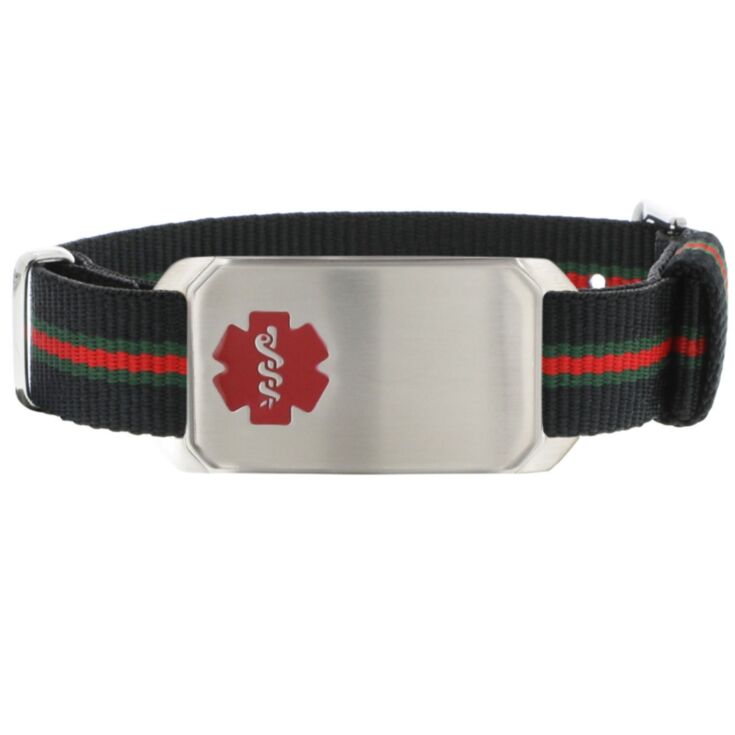 adjustable black leather medical id band for men with large stainless steel id tag, features embossed or red outline medical emblem