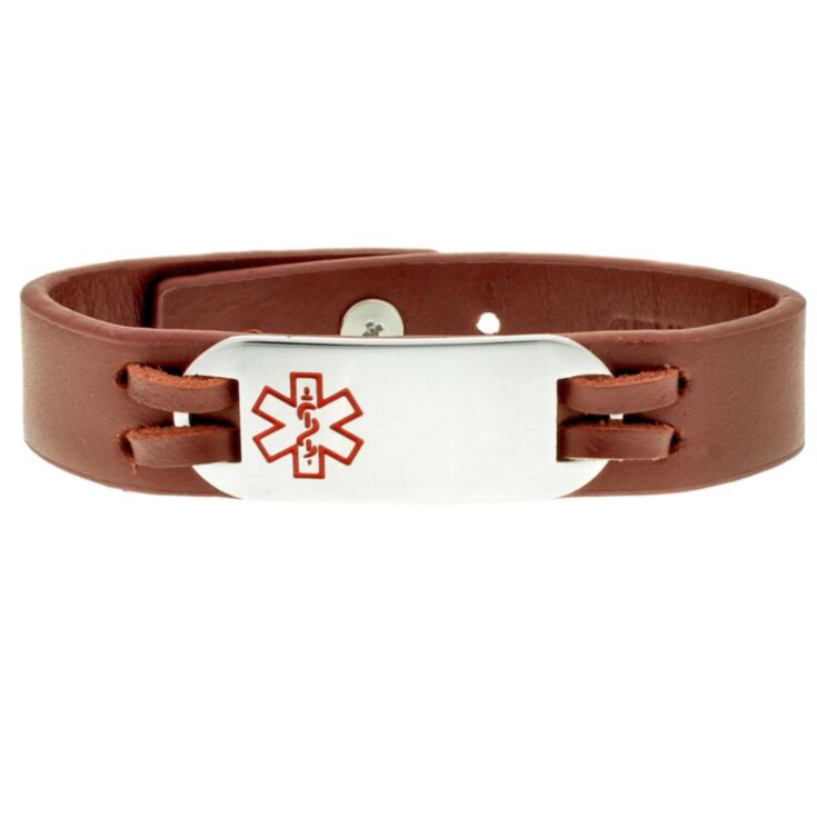 Rugged style leather medical ID bracelet in rust and earth tone. Comes with stainless steel plate for engraving medical information.