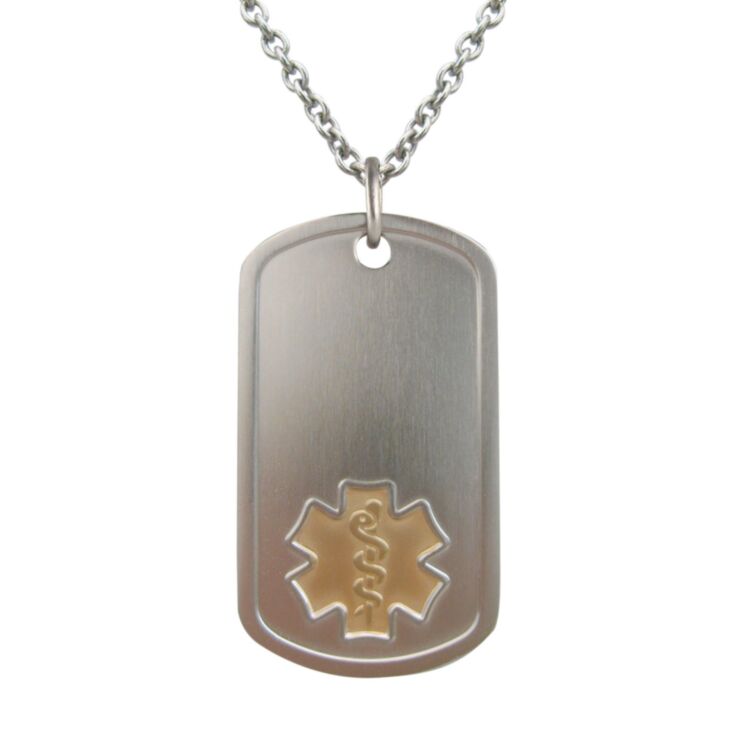 titanium dog tag medical id plate with embossed medical symbol in gold, hypoallergenic and lightweight titanium oval chain