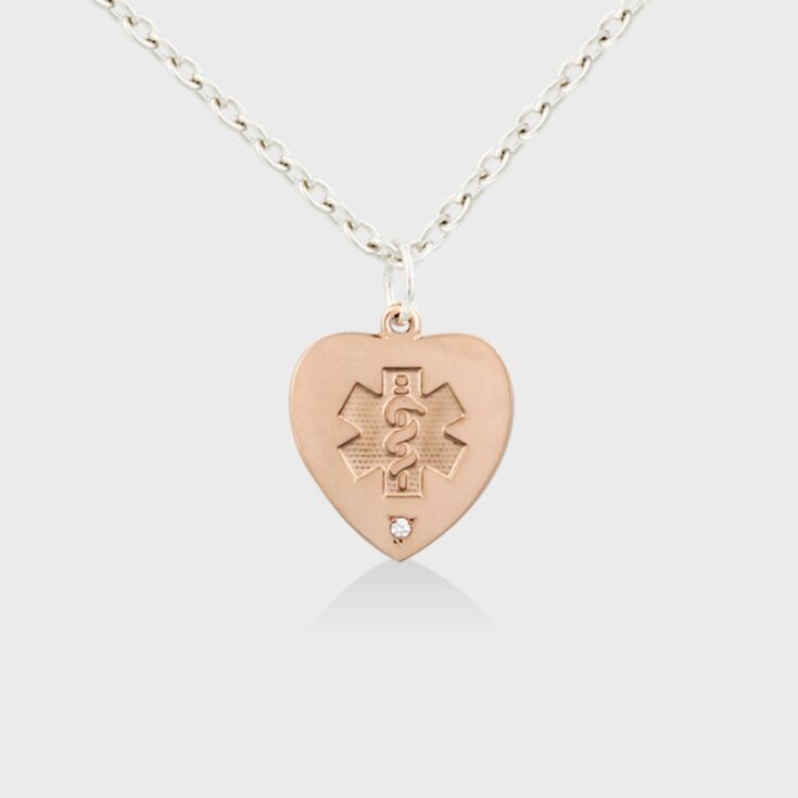 14kt rose gold medical id necklace for women, heart-shaped pendant with diamond accent, sterling silver cable chain