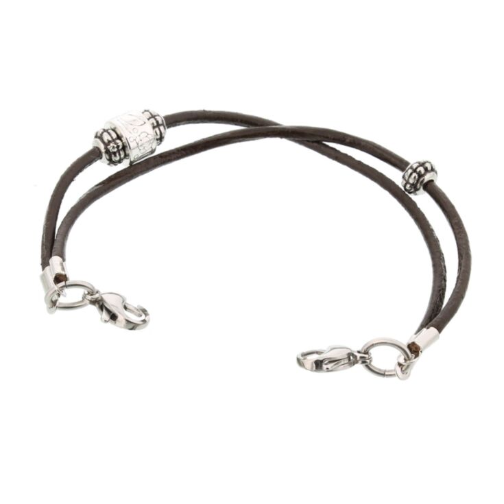contemporary style leather cord bracelet for medical ID with antique style beading, fashionable and interchangeable design
