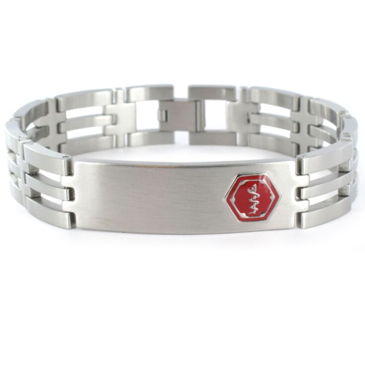 stainless steel lynx medical id bracelet for men with red medical emblem accent and foldover clasp