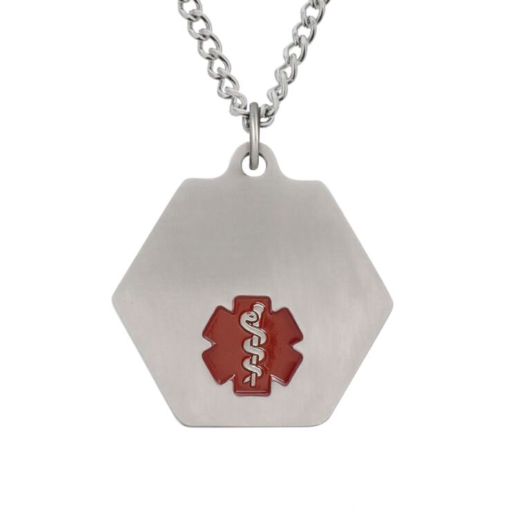 classic medical id necklace with hexagon pendant featuring red enamel medical emblem, stainless steel
