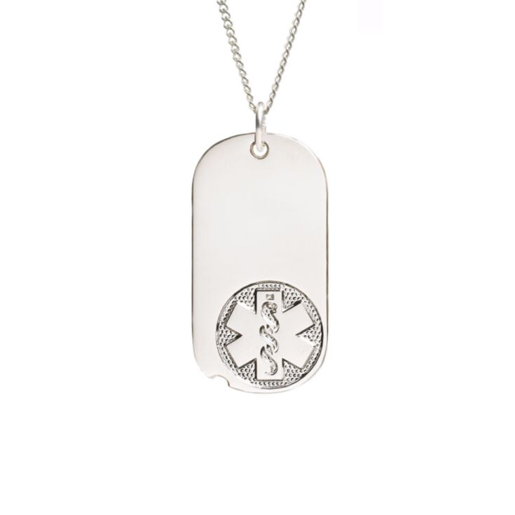 miniature military style medical id necklace, oval dog tag pendant embossed with classic medical emblem, sterling silver curb neck chain included
