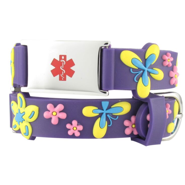 kids floral and butterfly medical id bracelet, purple, yellow, and pink, silicone band with stainless steel plate