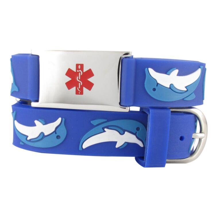 kids dolphin silicone medical id band, blue color with cute dolphin characters and stainless steel plate