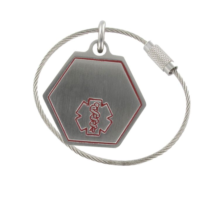 hexagon stainless steel medical id keychain, cable locking keychain with brushed finished, red medical emblem accent