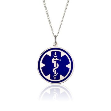 sterling silver medical id necklace for men and women with blue enamel, round medical emblem medallion