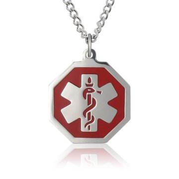 curb chain medical id necklace with hexagon medical emblem pendant in red, stainless steel design